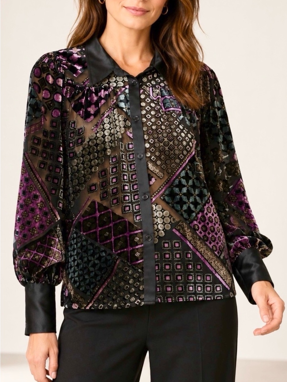 FATE Velvet Burnout Geometric Satin Trim Blouse